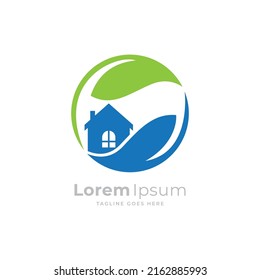 Modern green living logo, gradient color, house building and leaf vector icon.