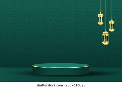 modern green luxury islamic background with lantern and pedestal podium scene design decoration