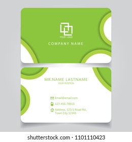 Modern Green name card and business card with creative design, dimension in depth and drop shadow horizontal curve corner standard size vector illustration template