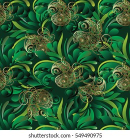 Modern green paisley seamless  pattern background wallpaper illustration with vintage hand drawn gold 3d paisley flowers leaves and ornaments.Ornate vector decor elements with shadows and highlights.