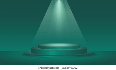Moderno fondo de escenario de podio verde con foco brillante y plataforma vacía ideal para exhibición de productos, presentaciones y escenas publicitarias en estilo elegante.