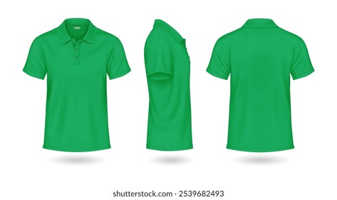 Conjunto de Ilustraciones vectoriales realistas de maqueta de camisetas de polo verde moderno. Ropa casual para la temporada de verano Plantilla modelo 3d sobre fondo blanco