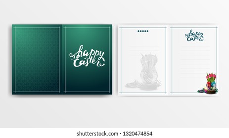 Modern green postcard for Easter ready for printing with vase with Easter eggs and tulips