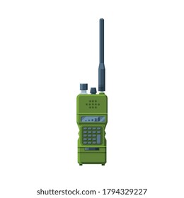 Modern Green Radio Transmitter, Handheld Portable Radio Device with Screen and Antenna Flat Vector Illustration