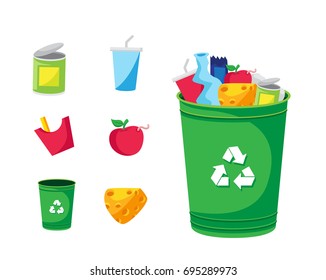 Modern Green Recycle Garbage Bin And Trash Object Illustration Set