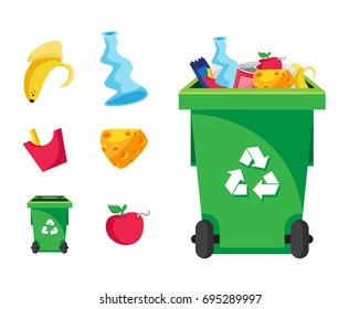 Modern Green Recycle Garbage Bin And Trash Object Illustration Set