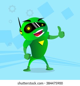 Modern Green Robot Hold Thumb Up Hand Gesture Flat Vector Illustration