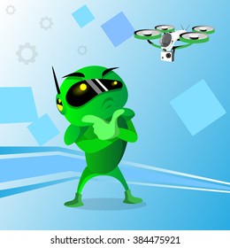 Modern Green Robot Holding Hand Chin Pondering Doubtful Looking At Drone Flat Vector Illustration