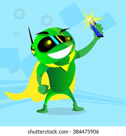 Modern Green Robot Taking Selfie On Cell Smart Phone Flat Vector Illustration