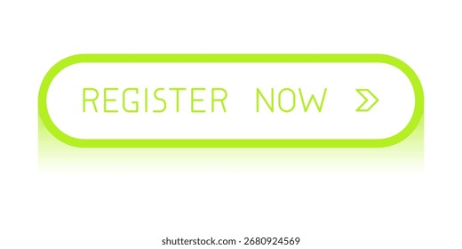 Botão CTA arredondado verde moderno com sombra, "Registre agora" texto, ícone de seta, elemento de interface do usuário da Web para landing pages, aplicativos móveis ou banners.