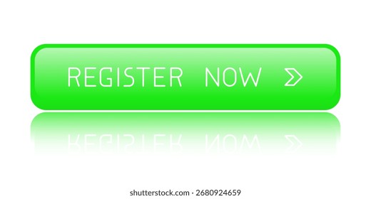 Botão CTA arredondado verde moderno com reflexão, "Registre agora" texto, ícone de seta, efeito 3D, elemento de interface do usuário da Web para landing pages, aplicativos móveis ou banners.