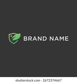 Modern green shield logo icon with abstract leaf and golden star element on a dark black background, flat minimalist and clean design style