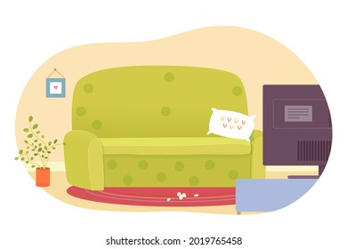 Modern green sofa or couch with TV set interior design background elements. Home furniture with pillows and monkey plush toy. Empty cosy area for rest and recreation vector illustration.