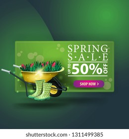 Modern green spring sale banner with garden wheelbarrow with tulips