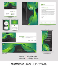 Modern green stationery mock up set and visual brand identity with abstract colorful dynamic background shape. Vector illustration mock up for branding, cover, card, product, event, banner, website. 
