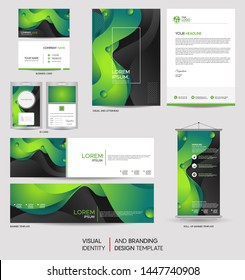 Modern green stationery mock up set and visual brand identity with abstract colorful dynamic background shape. Vector illustration mock up for branding, cover, card, product, event, banner, website. 