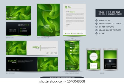 Modern green stationery mock up set and visual brand identity with abstract colorful dynamic background shape. Vector illustration mock up for branding, cover, card, product, event, banner, website. 