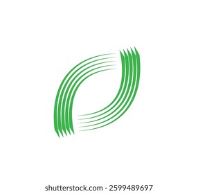 Modern green swirl logo , abstract eco friendly design. A symmetrical, curved design with green parallel lines tapering at the ends, forming a circular or swirling effect. 