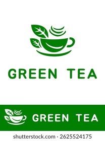 Modern green tea logo design featuring a stylized teacup with leaves and steam, tea cup icon