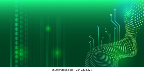 Fondo verde moderno de la tecnología con la onda de punto abstracta, los Elementos de la placa de circuito y las líneas brillantes. Ideal para Anuncios, Diseños web, presentaciones y portadas digitales.