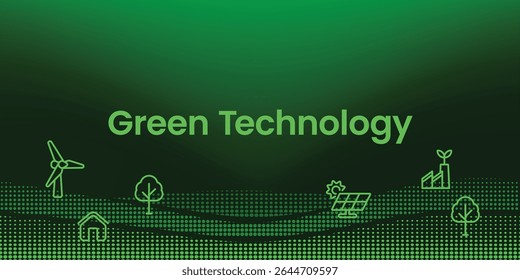 Moderner grüner Technologie-Hintergrund mit Öko-Energie-Ikonen, Windturbine, Solarpanel und nachhaltiger Landschaft im dunklen Farbverlauf-Design.