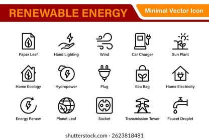 Modern Green Technology Sustainability Icons – Outline, Line Art, and Vector Illustrations for Clean Energy, Recycling, Nature Conservation, and Digital UI