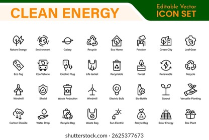 Modern Green Technology Sustainability Icons – Outline, Line Art, and Vector Illustrations for Clean Energy, Recycling, Nature Conservation, and Digital UI