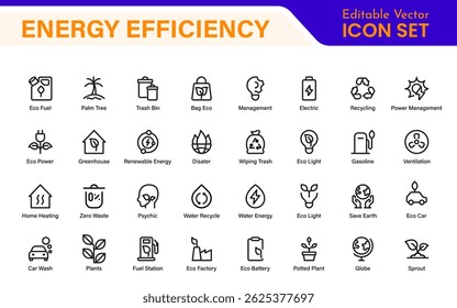 Modern Green Technology Sustainability Icons – Outline, Line Art, and Vector Illustrations for Clean Energy, Recycling, Nature Conservation, and Digital UI