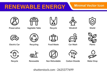 Modern Green Technology Sustainability Icons – Outline, Line Art, and Vector Illustrations for Clean Energy, Recycling, Nature Conservation, and Digital UI