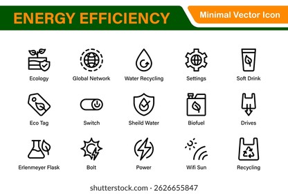 Modern Green Technology Sustainability Icons – Outline, Line Art, and Vector Illustrations for Clean Energy, Recycling, Nature Conservation, and Digital UI