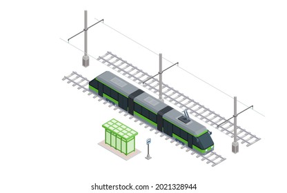 Modern Green Tram At A Stop On The Rails. Isometric Vector Image