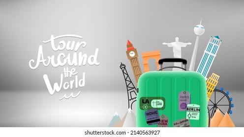 Bolsa de viaje verde moderna con lugares de interés turístico famosos. Banner vectorial 3d con inscripción grabada