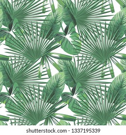 Modern green tropical leaves seamless design on the white background. Vector pattern illustration botanical wallpaper