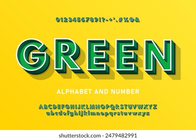 Modern green volumetric 3d alphabet with a thin outline. Chic urban 3D font with signs, symbols and numbers.