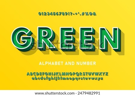 Modern green volumetric 3d alphabet with a thin outline. Chic urban 3D font with signs, symbols and numbers.