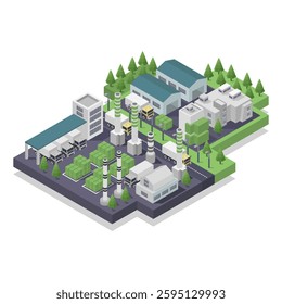 Modern green waste recycle factory isometric vector illustration