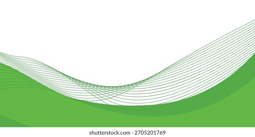 Fondo de onda verde moderno con curvas suaves, tonos degradados y delgadas líneas fluidas blancas y verdes sobre un fondo blanco limpio.