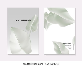 Modern greenery contrast foliage monstera leaf  summer wedding card. Hand-drawn botany business template, flower leaves jungle nature decoration.
