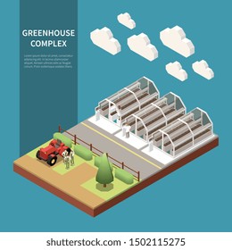 Modern greenhouse complex isometric concept with new technology symbols isolated vector illustration