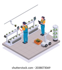 Modern greenhouse isometric and colored concept employees control the operation of smart equipment in room vector illustration