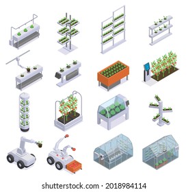 Modern greenhouse isometric colored icon set robots and smart equipment for automated plant work vector illustration