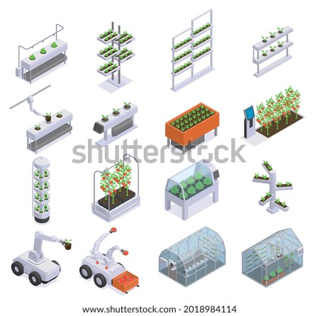 Modern greenhouse isometric colored icon set robots and smart equipment for automated plant work vector illustration
