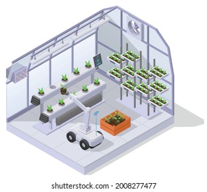 Modern greenhouse isometric composition inside mini greenhouse building climate control equipment and robots are in operation vector illustration svg