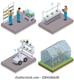 Modern greenhouse isometric icon set smart sprinklers for seedlings robot for working with plants and greenhouse with climate control vector illustration