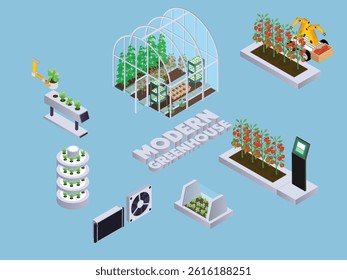 Modern Greenhouse with Smart Farming Technology and Hydroponics 3d flat vector illustrations