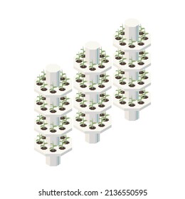 Modern greenhouse vertical farming isometric composition with isolated image of vertical racks of growing plants vector illustration