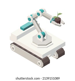 Modern greenhouse vertical farming isometric composition with isolated image of robot crawler moving grown plants vector illustration