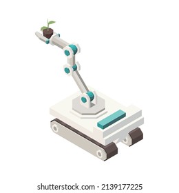 Modern greenhouse vertical farming isometric composition with isolated image of crawling robot carrying plant vector illustration