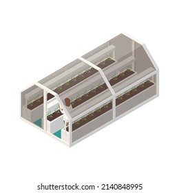 Modern Greenhouse Vertical Farming Isometric Composition With Isolated Image Of Hothouse Building With Worker Vector Illustration