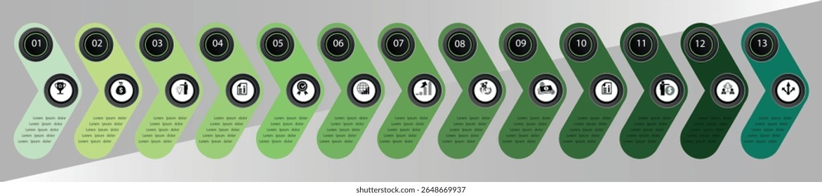 Modern green-themed 13 steps infographic with numbered elements. Ideal for timelines, presentations, and business process visualizations.